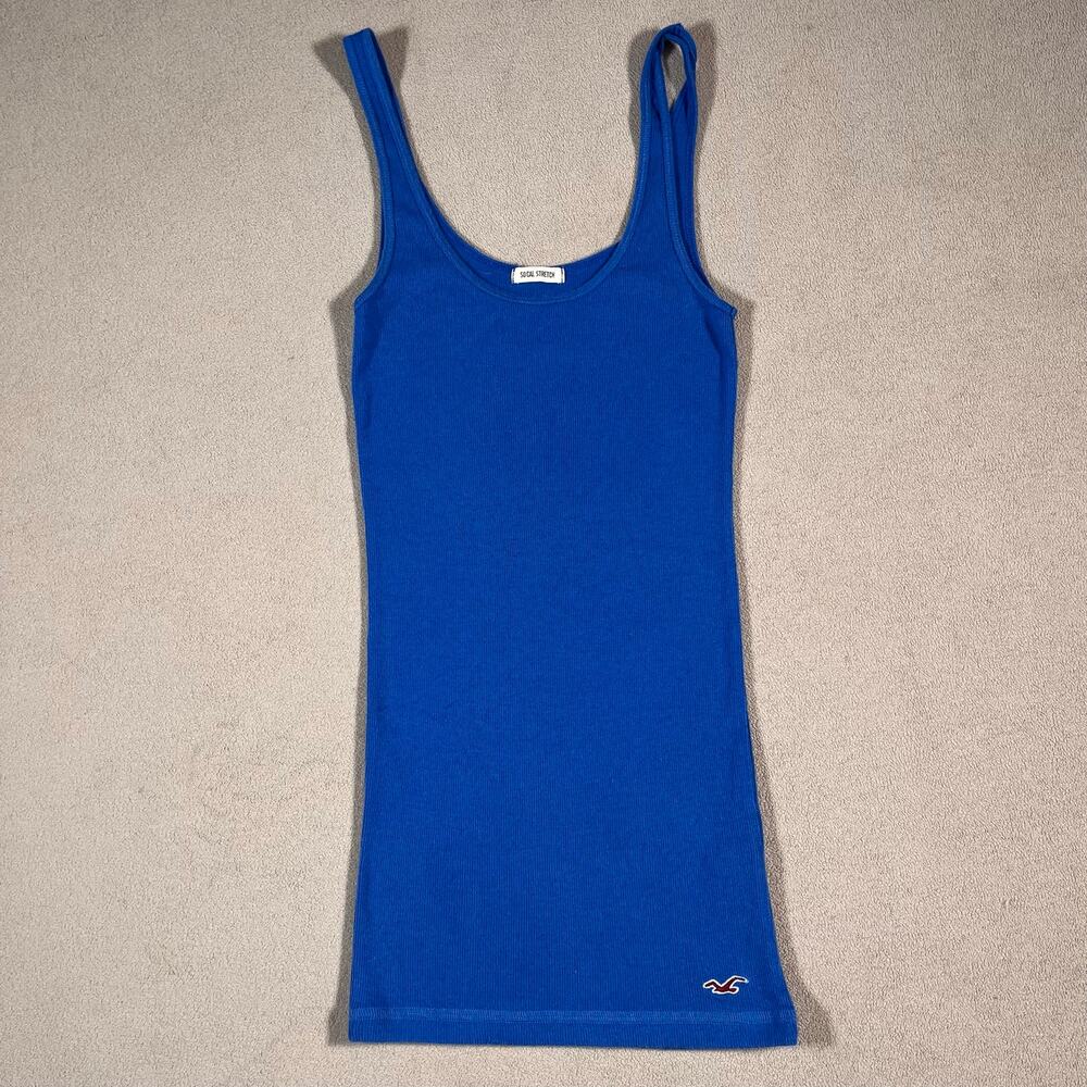 VTG Y2K 2000s Hollister Ribbed Tank Top Cami Bella Swan Blue Logo Womens Sz S